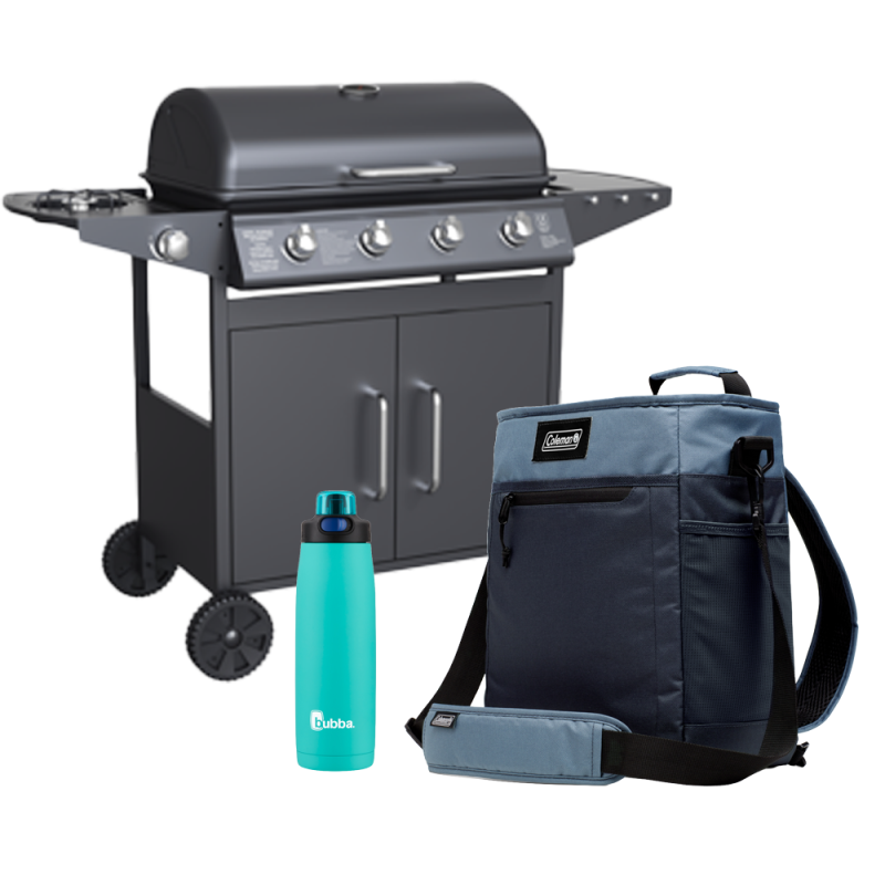 PARRILLA A GAS + BOLSO HIELERA 16 LATAS AZUL COLEMAN + TERMO RADIANT710ML SORB AI I.TEAL BUBBA