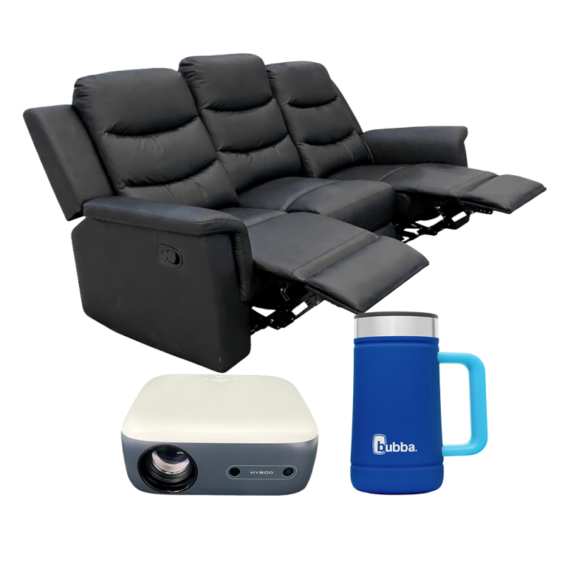 RECLINABLE 3PUESTOS CON  CONSOLA NEGRO + PROYECTOR ANDROID HY800 + VASO CERVECERO 710ML ABREL DCOBALT BUBBA