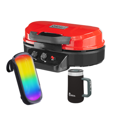 PARILLA GRILL 225ROADTRIP PORTATIL ROJA + PARLANTE ES-PS23-NEGRO BT.USB. AUX C/BAT + VASO CERVECERO 710ML ABREL NEGRO BUBBA