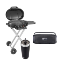 PARILLA GRILL DE PISO 225ROADTRIP NEGRA + PARLANTE ES-PS28-NEGRO BT.USB.AUX C/BAT + TERMO CONT LUXE TUMBLR 532ML NEGRO