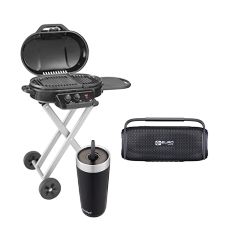 PARILLA GRILL DE PISO 225ROADTRIP NEGRA + PARLANTE ES-PS28-NEGRO BT.USB.AUX C/BAT + TERMO CONT LUXE TUMBLR 532ML NEGRO