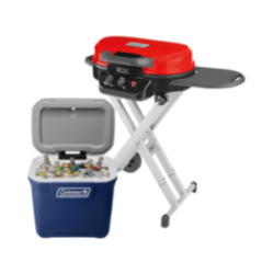 PARILLA GRILL DE PISO 225ROADTRIP ROJA + HIELERA 316S 60LT/65QT AZULGRIS C/RUEDAS