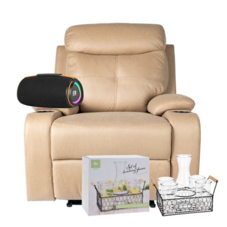 RECLINABLE 1 PUESTO + PARLANTE ES-PS25-NEGRO BT.USB. AUX C/BAT + SET DECANTADOR + 4 VASOS EN CANASTA